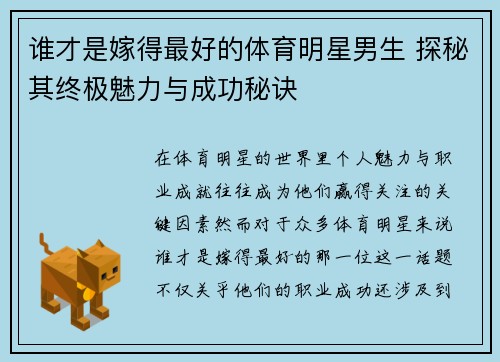 谁才是嫁得最好的体育明星男生 探秘其终极魅力与成功秘诀